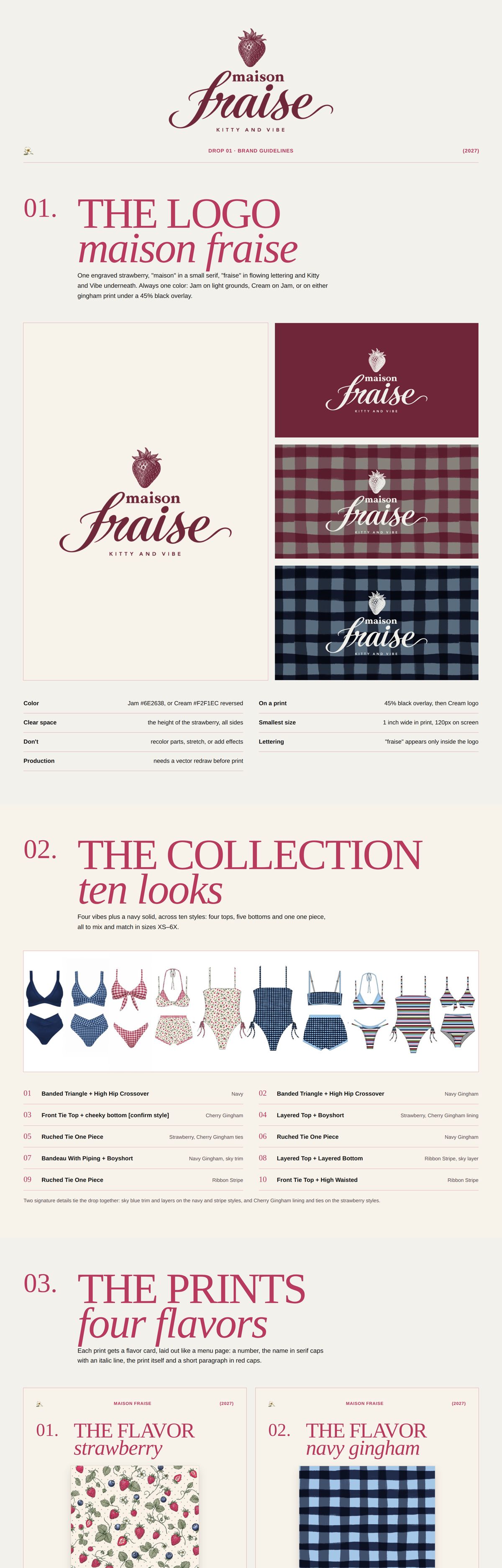 A full campaign guide scrolling past: the logo, the ten-look collection, the four prints and more