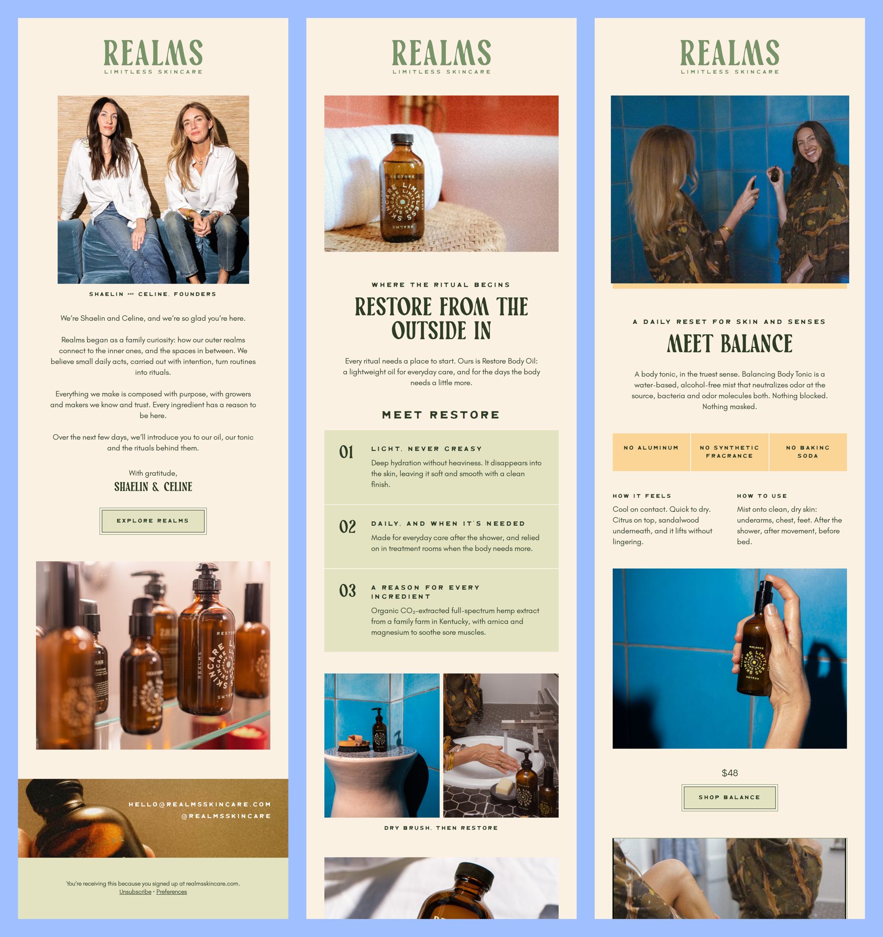 Three welcome emails for Realms Skincare side by side: meet the founders, the body oil ritual and the body tonic